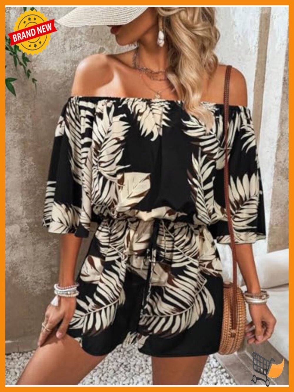 Off Shoulder Romper Flutter Sleeve Boho Short Jumpsuit Drawstring Waist - Picture 3 of 4